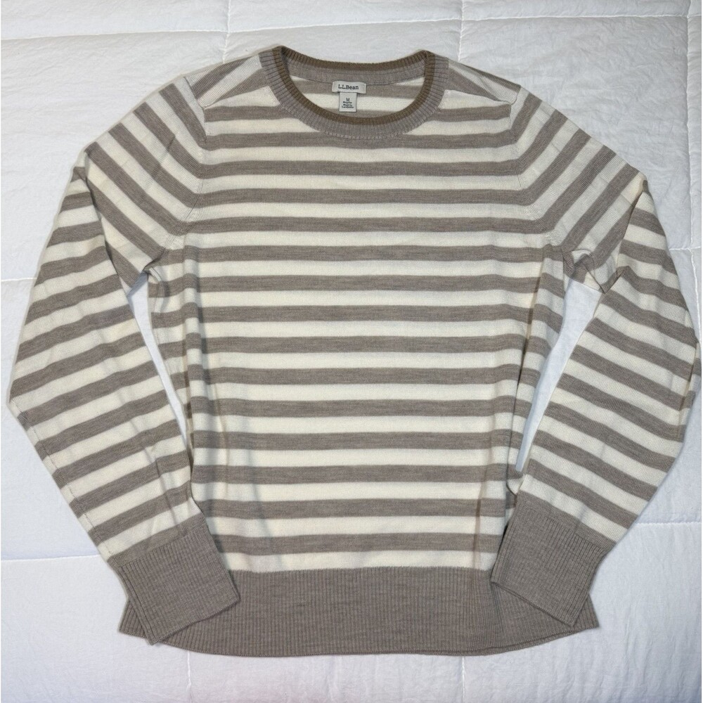 L.L.Bean 100% Merino Wool Crewneck Sweater Taupe Cream Stripe Womens M